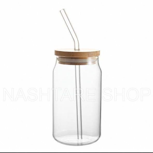 Glass Mug with Wooden Lid and Glass Straw | كوب زجاجي بغطاء خشبي وقشّة زجاجية